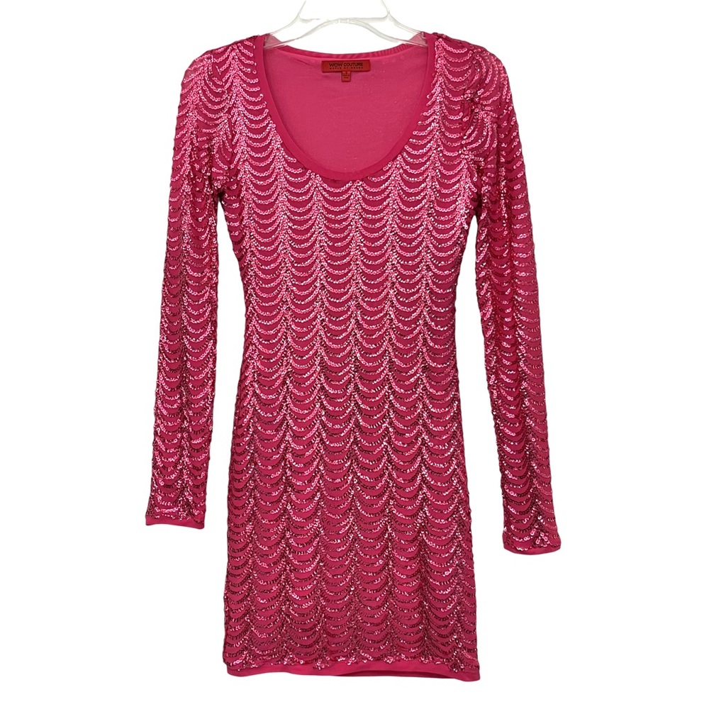 WOW Couture Sequin Pink Stretch Long Sleeve Bodycon Mini Cocktail Dress Small